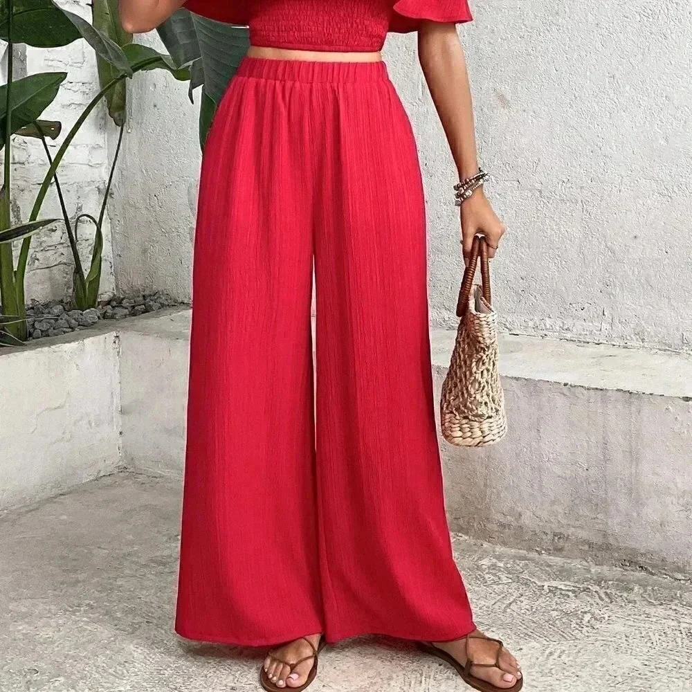 Red Boho Womens Off Shoulder Ruffle Trim Top & Wide Leg Pants